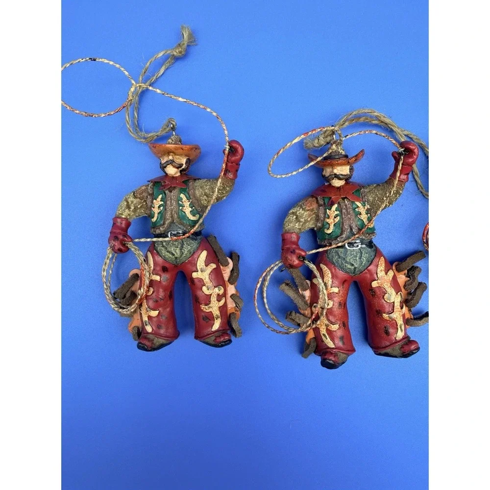 Vintage Cowboy Christmas Ornaments Set 5 Western Rodeo Lasso Suede Chaps